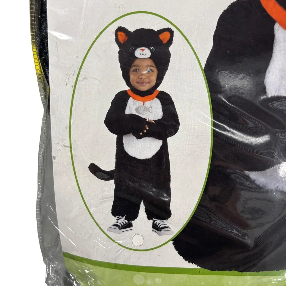 Cuddly Black Cat Costume Infant Halloween Jumpsuit Hood Detachable‎ Tail 0-6 Mo